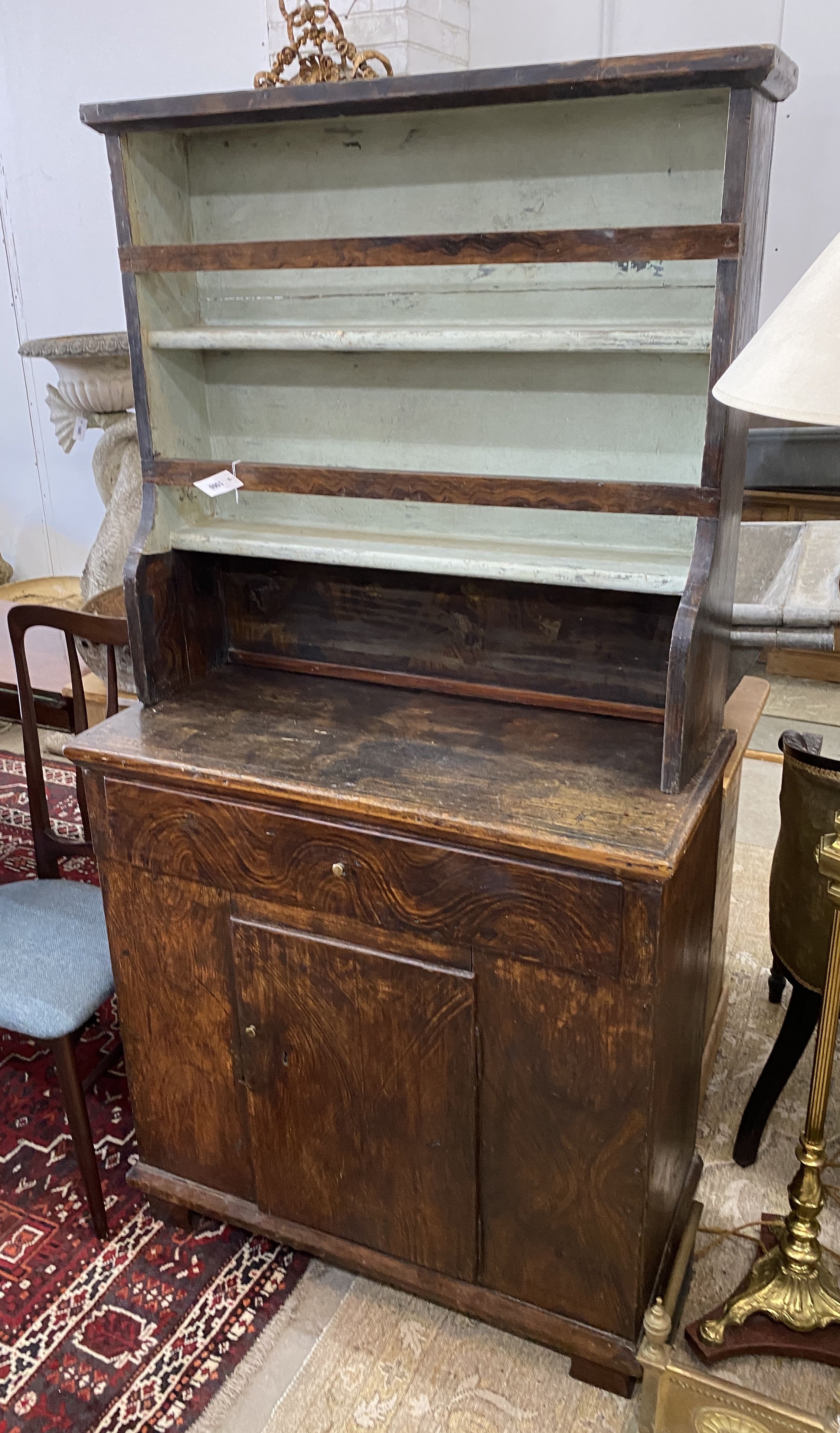 A 19th century and later continental painted pine small dresser, width 90cm, depth 43cm, height 177cm